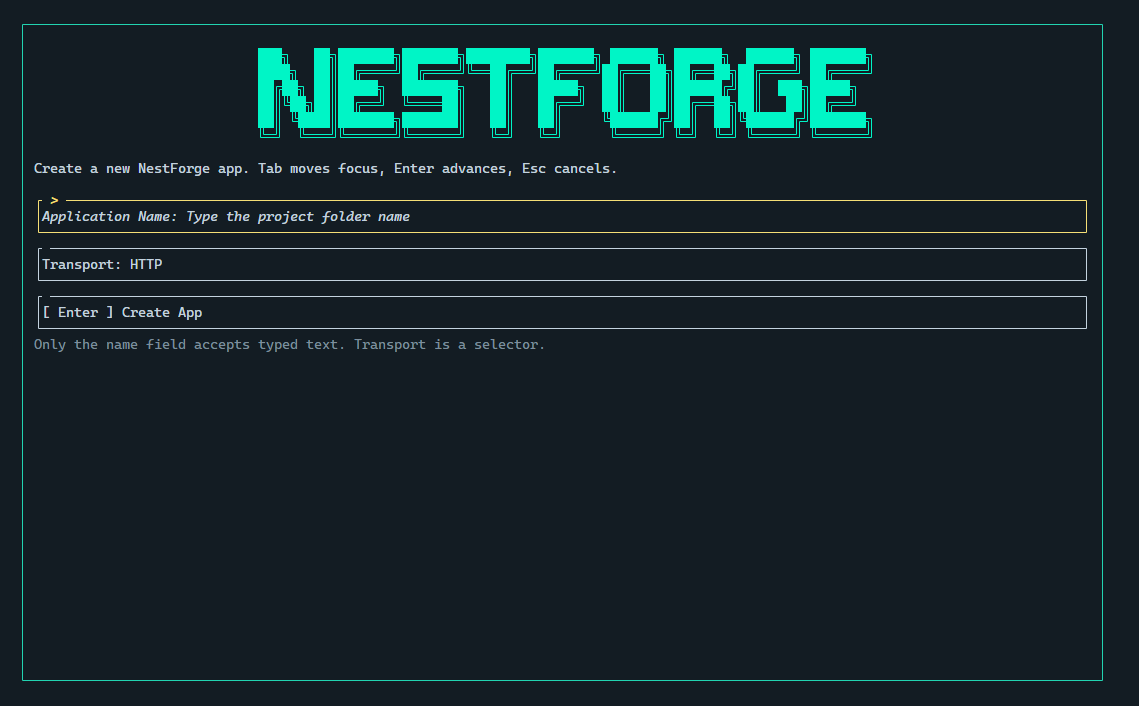 NestForge CLI help output in a terminal.